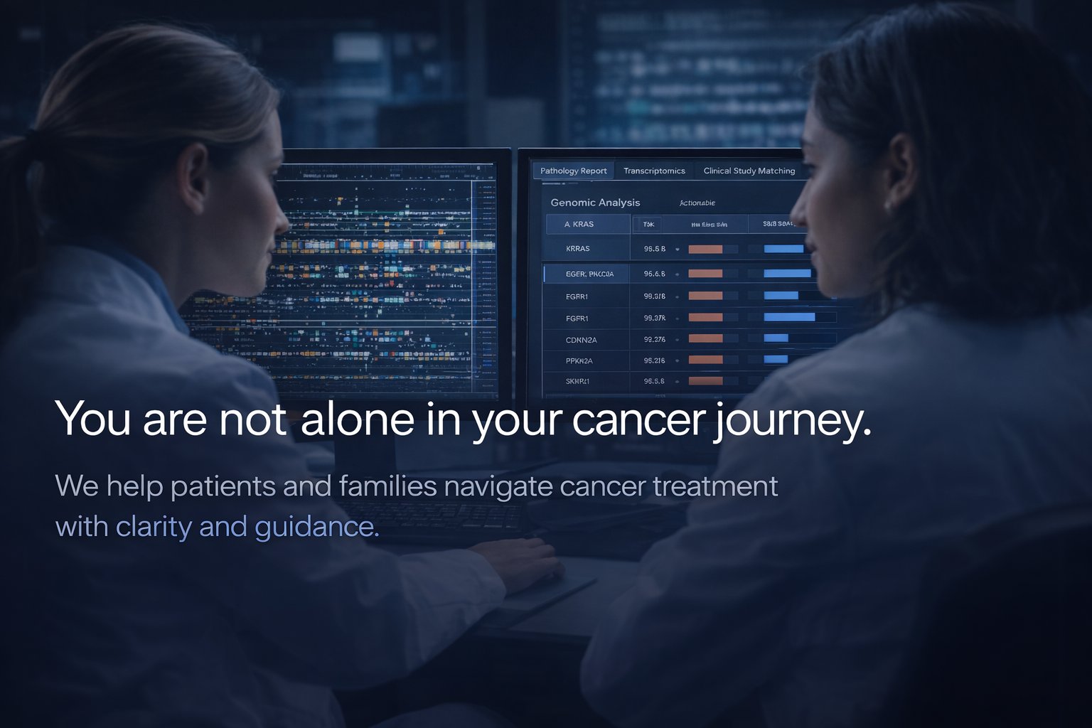 Two scientists reviewing genomic data on screen